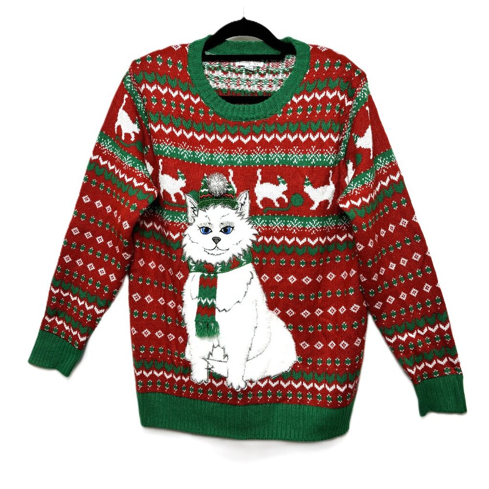 White Cat Diva Ugly Christmas Sweater Size Large  by Holiday Hype